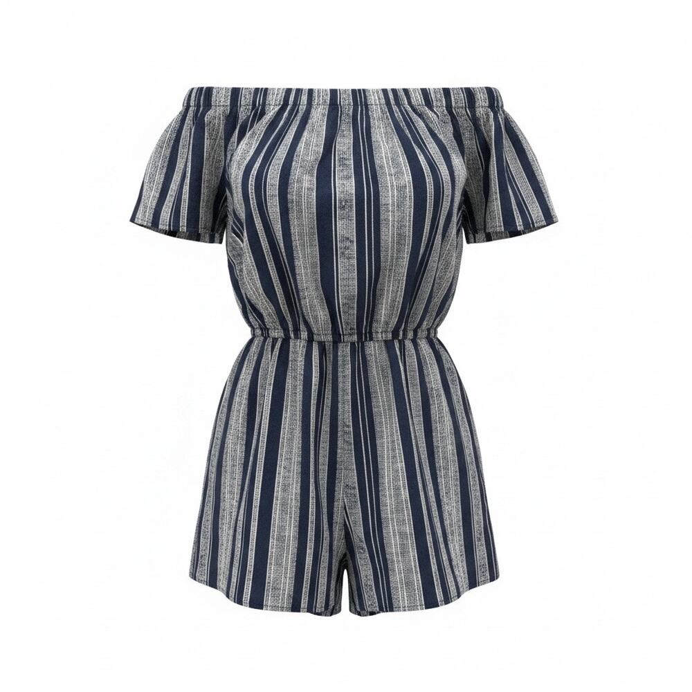 Bebop Womens M Romper Off The Shoulder Navy Blue Striped Linen Blend Tassel